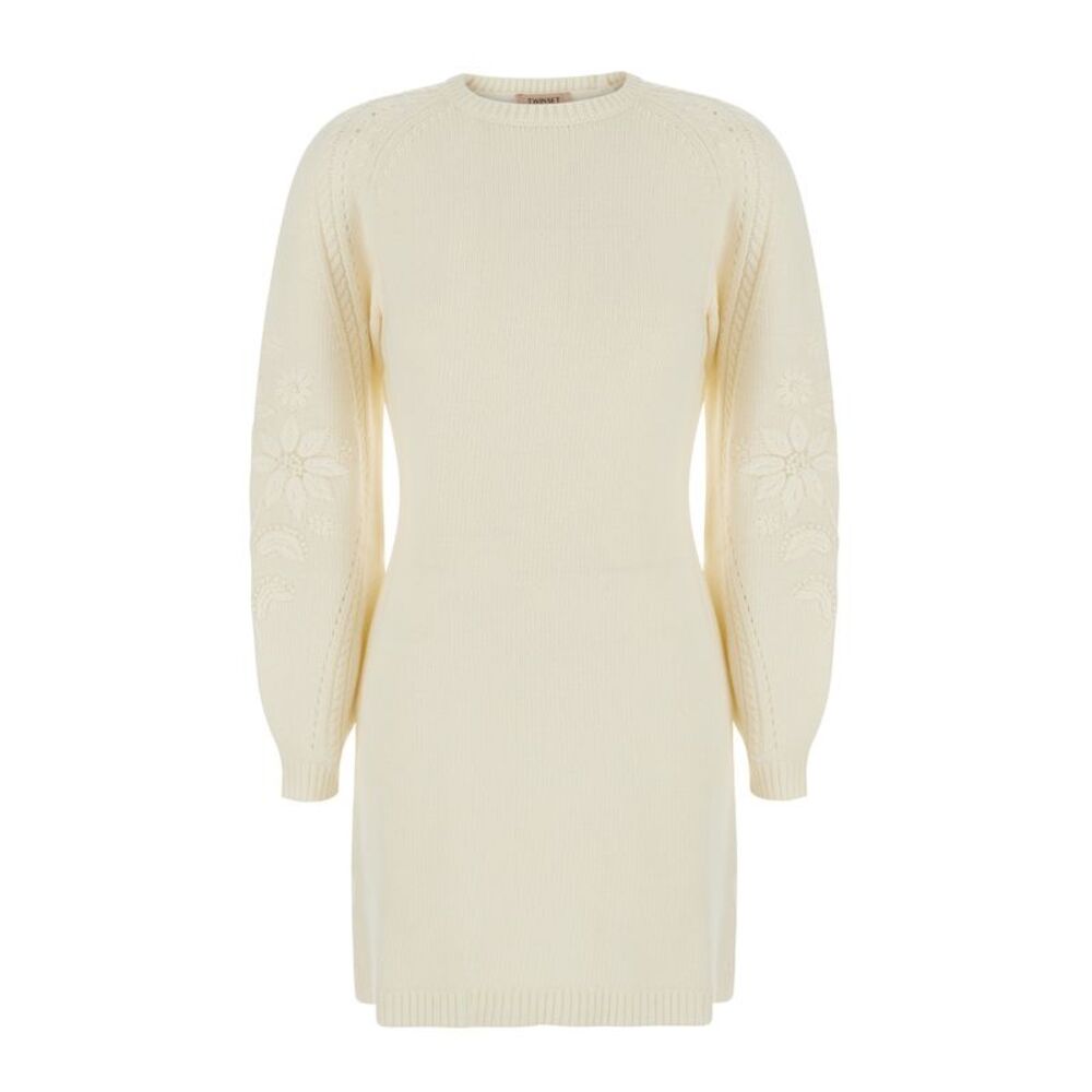 Twinset Women White Crew Neck Dress With Long Sleeves In Wool Blend For Women